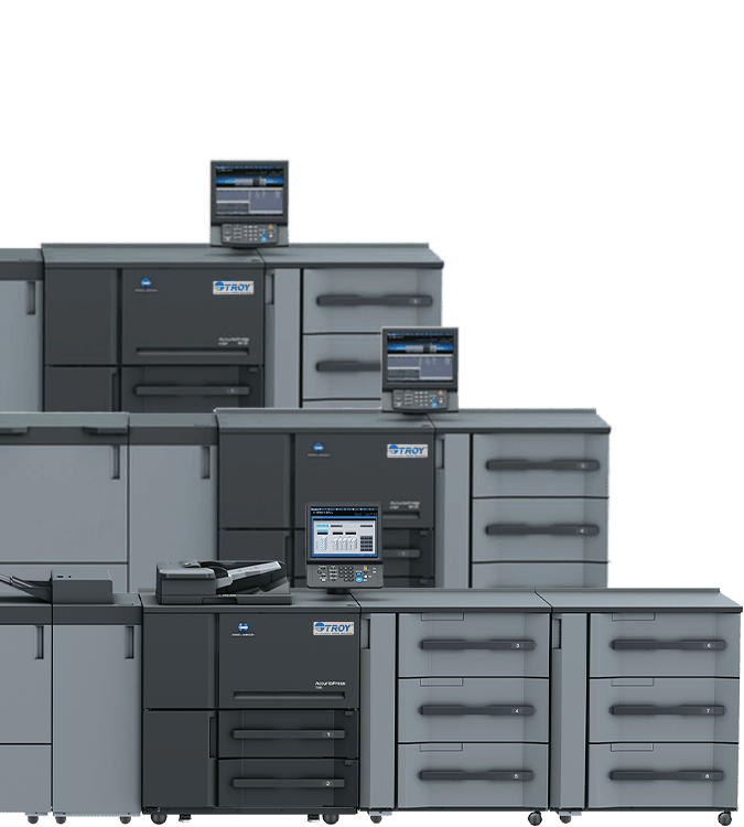 A lineup of three production style printers arranged to show various styles.
