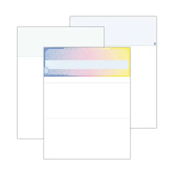 Blank check paper stock arranged in a colorful stack