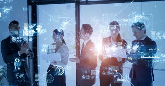 Office workers standing around see through screen 