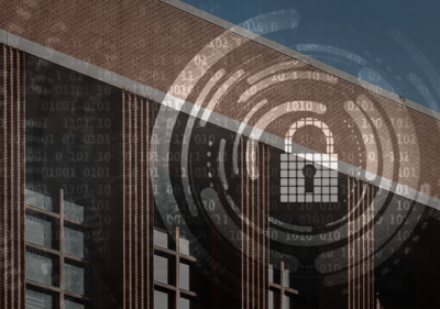 University building with overlay graphic of a lock