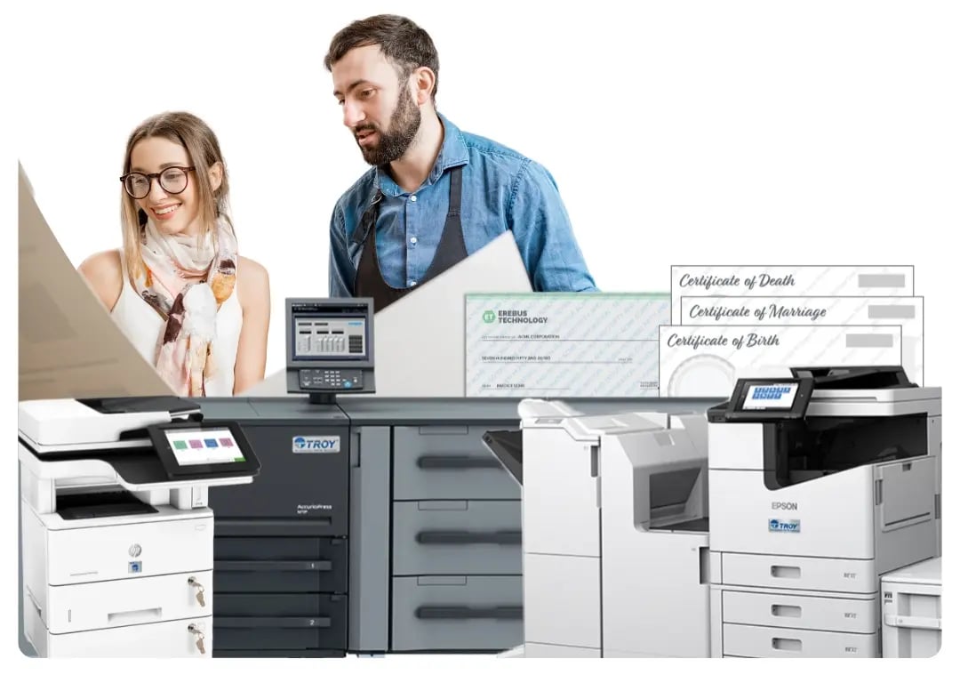 Government professionals behind a collage of secure TROY MICR printers 