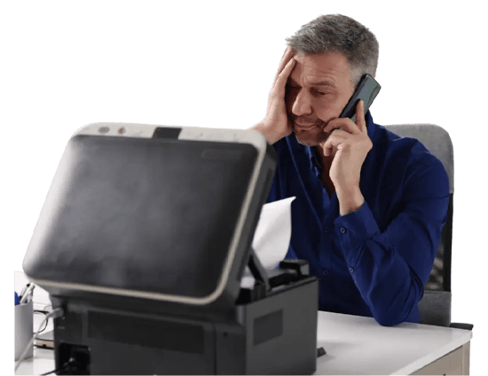 Man frustrated with printer on the phone