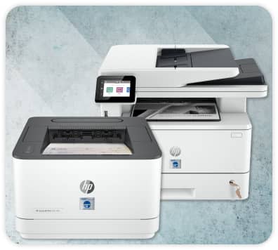 Two TROY HP printers side by side with gray texture background 