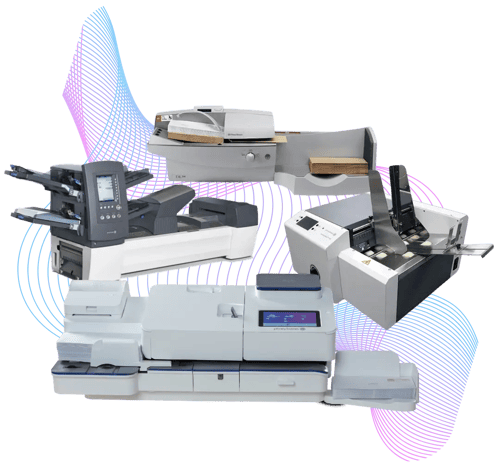 Pitney Bowes mailing equipment with purple tech waves