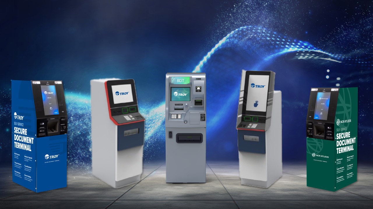 Row of TROY TellerCentral machines with futuristic background 