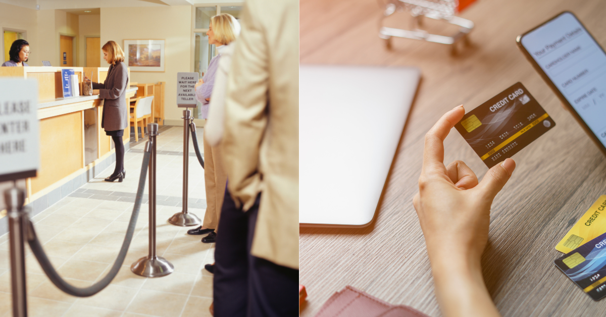 A split screen showing people waiting in line at the bank on one side and a person using a mobile app on the other. 