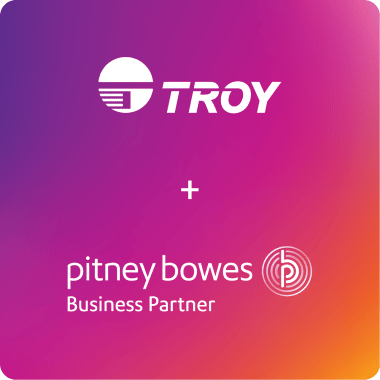 TROY and Pitney Bowes logos on pink background 