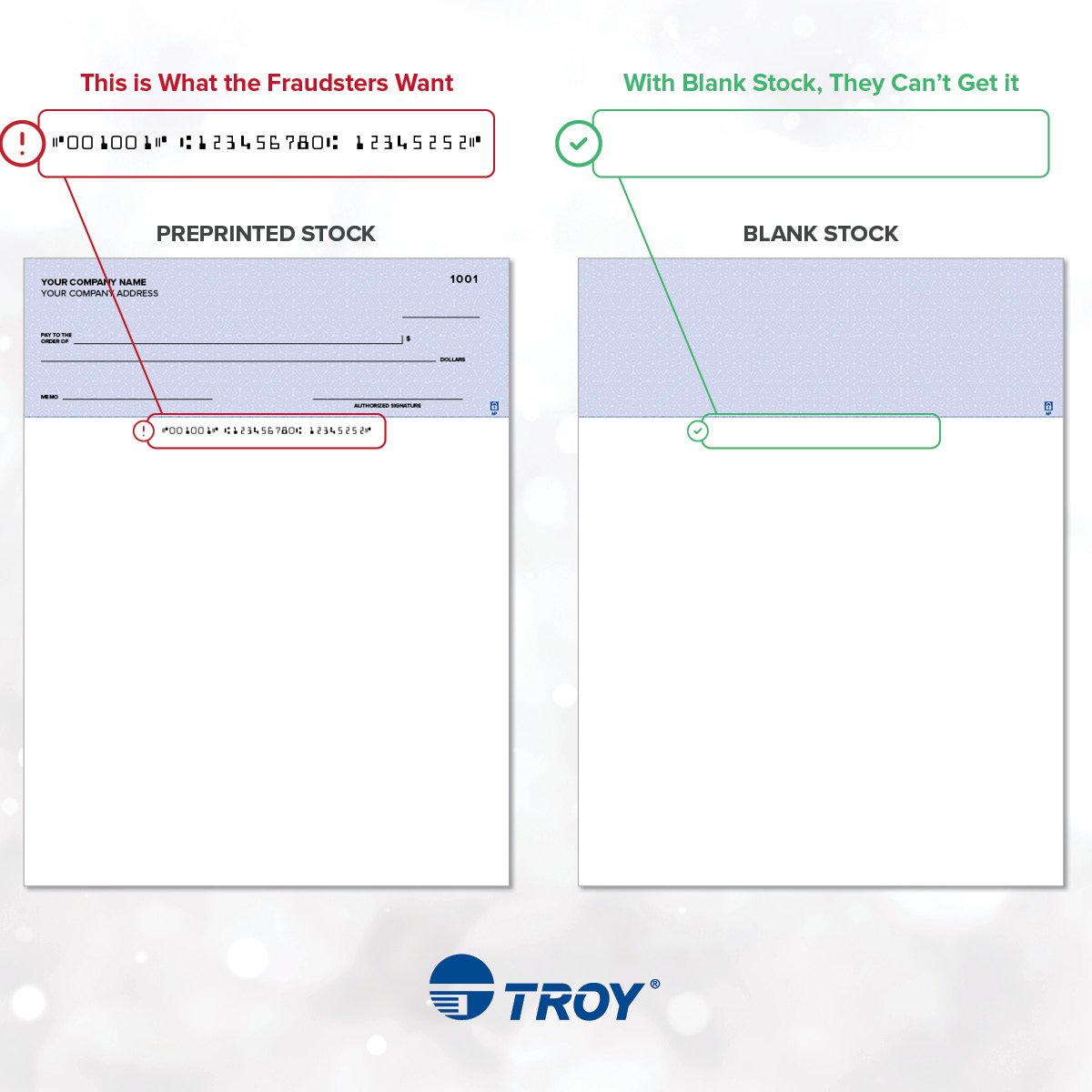 Infographic showing difference between preprinted and blank check stock 